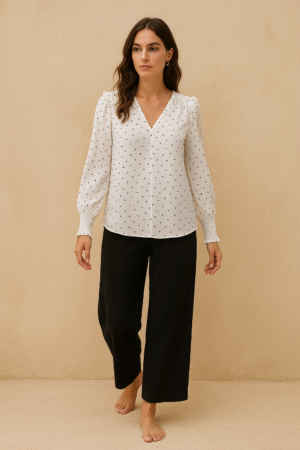Blusa Joie puntos y estrellas negros en fondo blanco. Talla M, estilo soft girl