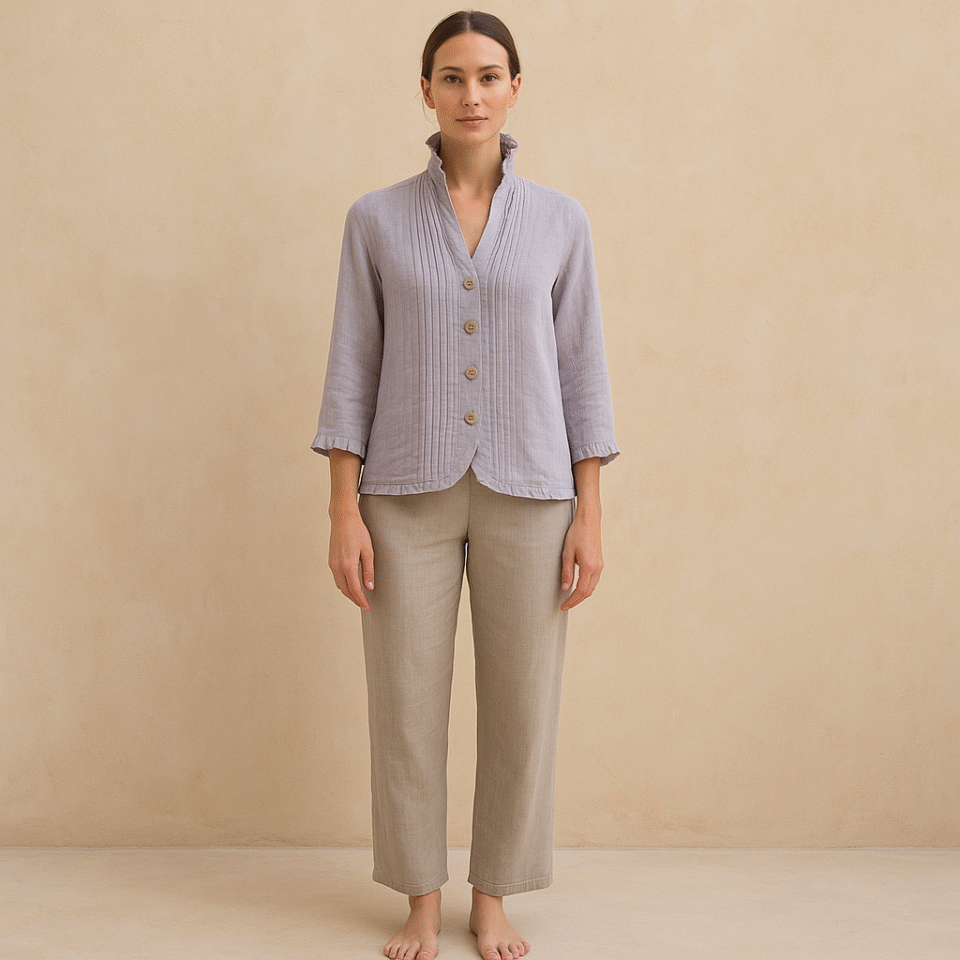 Japanese Vintage Mandarin Collar Blusa de lino lila de marca asiática vintage talla M con preuso y curada por Amelie, dark academia, light academia