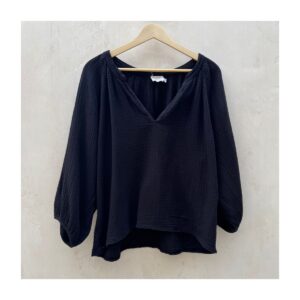 Blusa Mimi Romance de segunda mano, Top de Nation LTD (modelo 1165DG) en gasa de algodón negra, mangas globo y escote en V, talla M, hecha en USA. Ropa usada