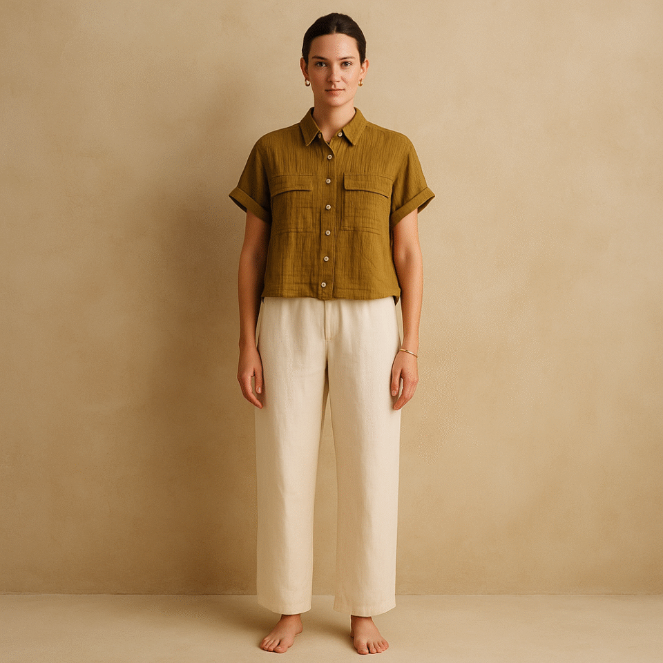 Camisa cropped estilo crinkled de segunda mano, marca Madewell en color spiced olive y talla XS. Oversized. Ropa usada curada por Amelie