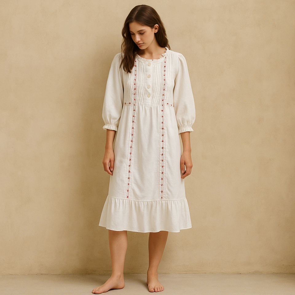 Camisón vintage de korea del sur, blanco con bordado artesanal