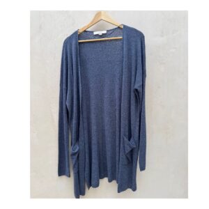 Cardigan Loft en azul indigo con mezcla de 55% lino, talla L y estilo minimalista ideal para armario cápsula
