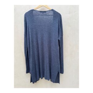 Cardigan Loft en azul indigo con mezcla de 55% lino, talla L y estilo minimalista ideal para armario cápsula