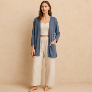 Cardigan Loft en azul indigo con mezcla de 55% lino, talla L y estilo minimalista ideal para armario cápsula