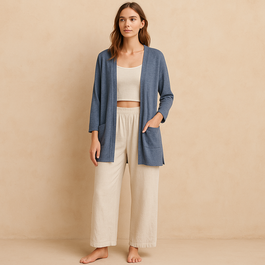 Cardigan Loft en azul indigo con mezcla de 55% lino, talla L y estilo minimalista ideal para armario cápsula