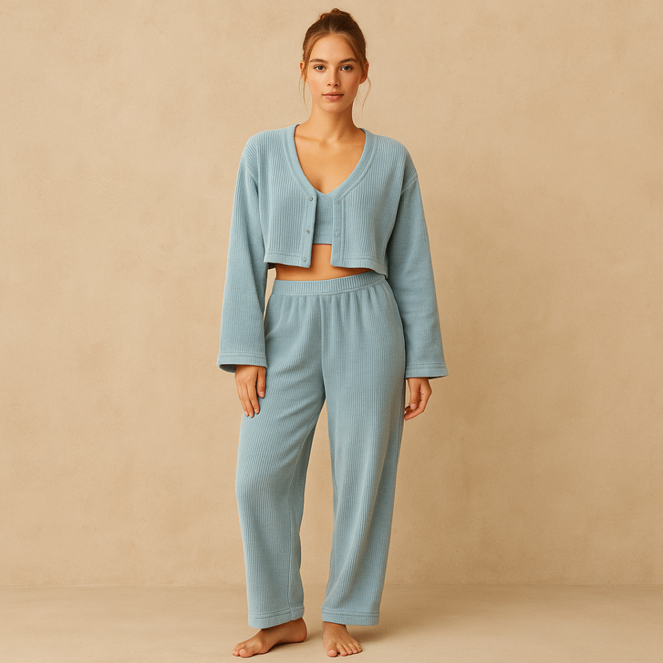 Cardigan Cheniile Chalet de Alo Yoga en azul glaciar de segunda mano. Talla S