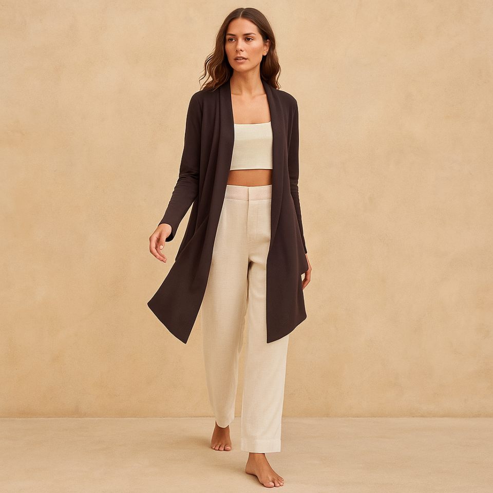 Cardigan minimalista en marrón chocotae talla S. Estilo old mony, lujo silencioso
