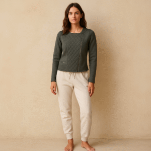 Chaqueta deportiva Athleta verde oliva, modelo Belvedere Quilted Asymmetrical Zip Moto. Ropa deportiva. Athleisure