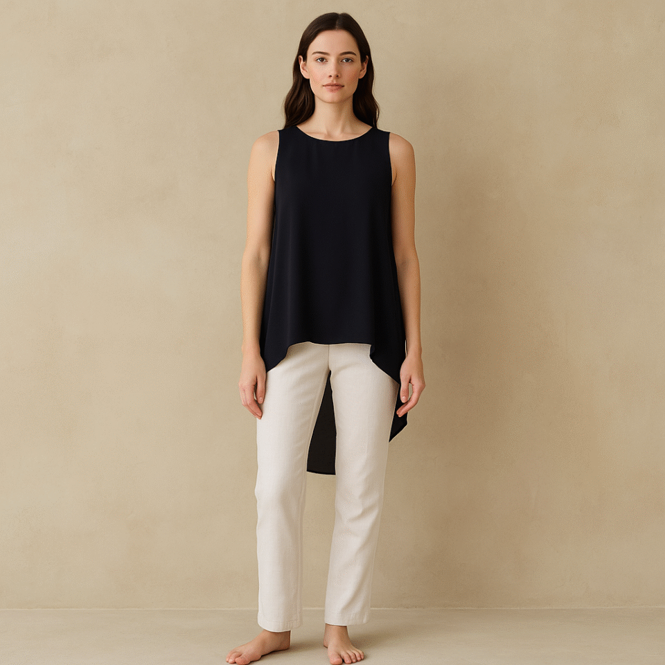 Top negro de seda 100% de segunda mano sin mangas y corte asimétrico de Eileen Fisher en talla petite small. Ropa usada curada por Amelie