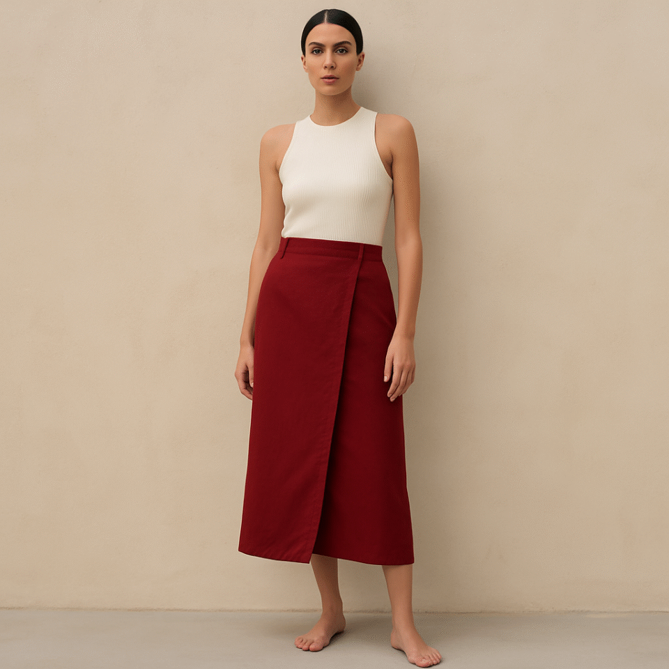 Falda midi de lino terracota ASOS envolvente en talla 8. De segunda mano premium. Preloved