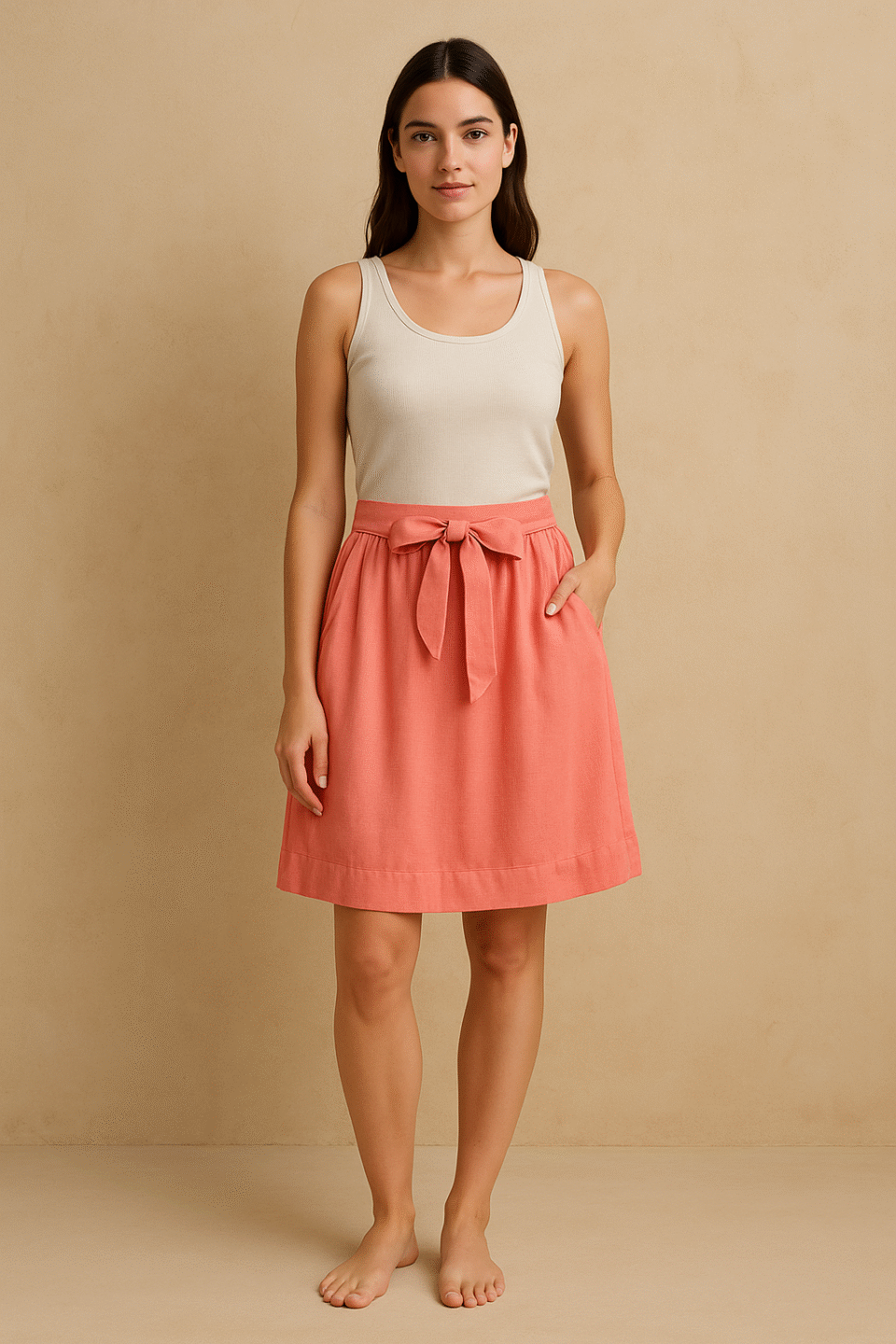 Falda coral Cremieux con cinturón talla 8. ropa usada curada por Amelie
