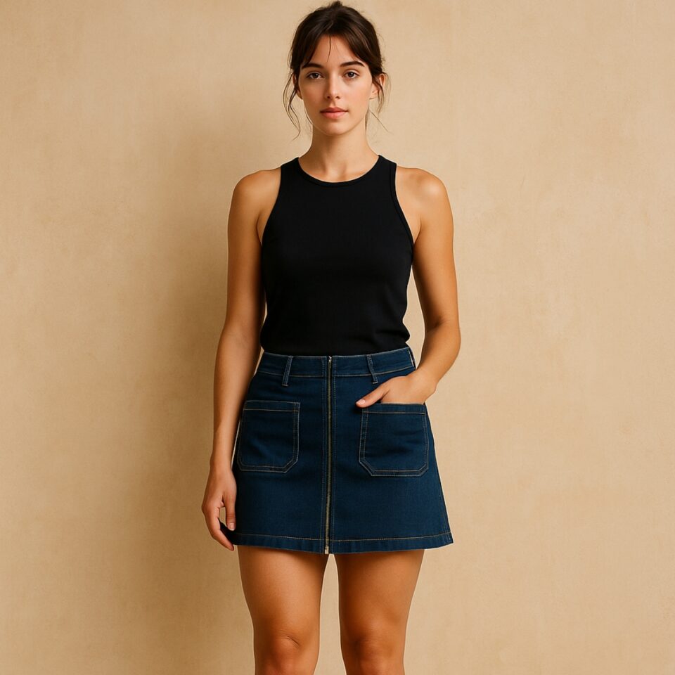Falda mini en denim de Sincerly Jules con cierre frontal y corte A. Talla 30 y look urbano