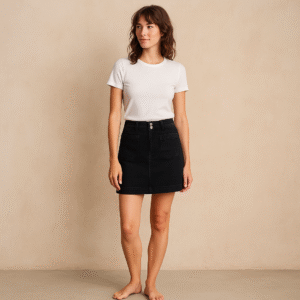 Falda mini Madewell en denim negro y talla 0. Con doble botón. estilo efortless chic