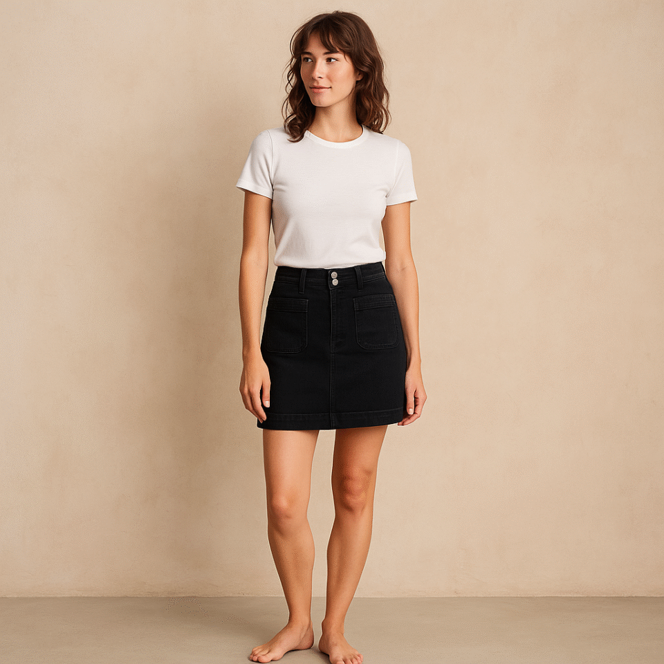Falda mini Madewell en denim negro y talla 0. Con doble botón. estilo efortless chic