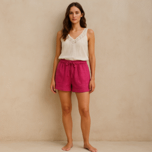 shorts de segunda mano J.Crew Seaside lino lyocell rosa frambuesa talla M. ropa usada en perfecto estado