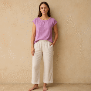 Loft t‑shirt lila de segunda mano y de lino 100%, talla XXS, corte relajado y textura natural fresca. Ropa usada