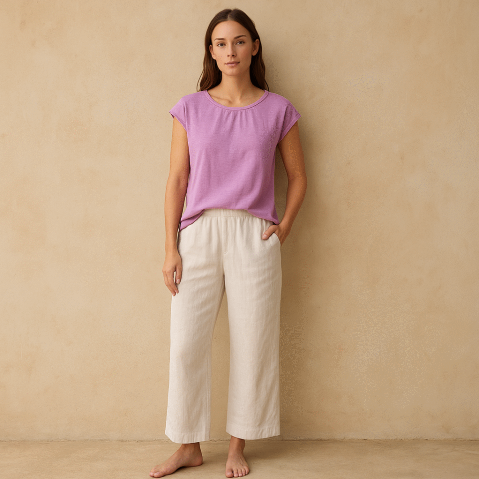 Loft t‑shirt lila de segunda mano y de lino 100%, talla XXS, corte relajado y textura natural fresca. Ropa usada