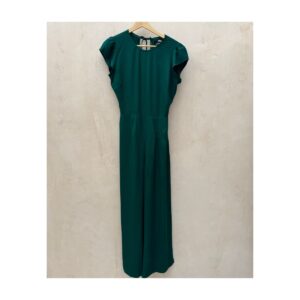 Mono Mayer de segunda mano en verde esmeralda de Reformation con silueta palazzo, mangas abullonadas y espalda descubierta con lazada, talla 4.