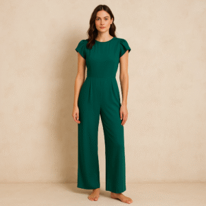 Mono Mayer de segunda mano en verde esmeralda de Reformation con silueta palazzo, mangas abullonadas y espalda descubierta con lazada, talla 4.