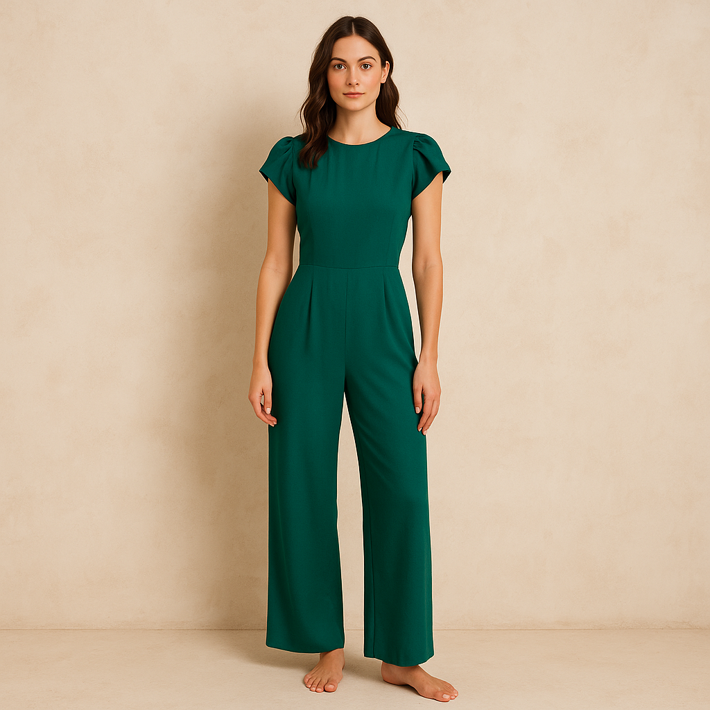 Mono Mayer de segunda mano en verde esmeralda de Reformation con silueta palazzo, mangas abullonadas y espalda descubierta con lazada, talla 4.