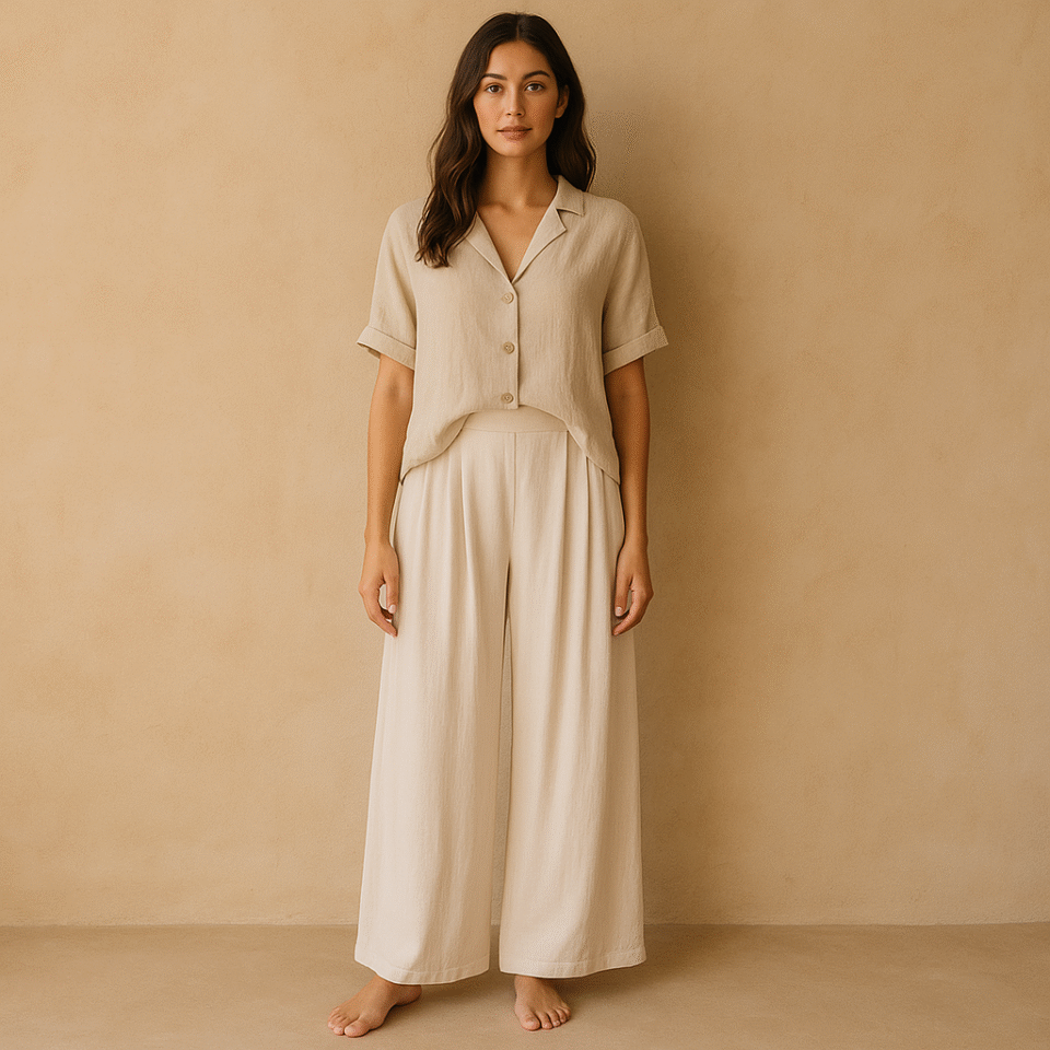 Pantalones palazzo color crema en mezcla de lino, talla L y estilo coastal chic