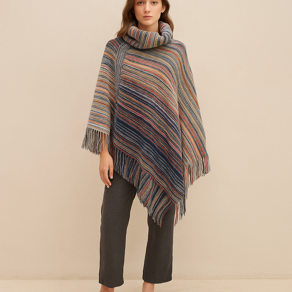 Poncho tejido multicolor con cuello alto y flecos talla única. Estilo boho chic