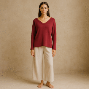 Pullover Pact de segunda mano color burgundy de algodón orgánico, manga larga y escote en V, talla M, hecho en India. Ropa usada