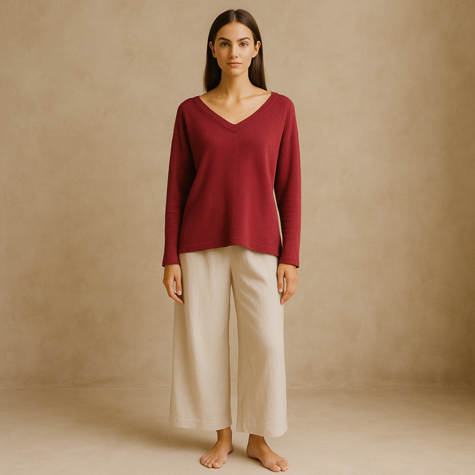 Pullover Pact de segunda mano color burgundy de algodón orgánico, manga larga y escote en V, talla M, hecho en India. Ropa usada