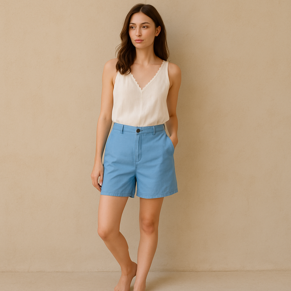 Shortde segunda mano chino azul claro de mujer J.Crew Factory, largo 7 pulgadas, con bolsillos delanteros y pretina con trabillas, talla 12. Ropa usada en perfecto estado