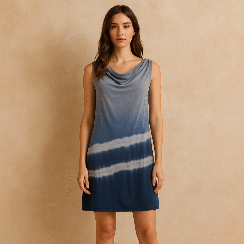 Vestido Splendid DE seguna mano sin mangas tie dye degradado gris a azul con escote drapeado, talla XS