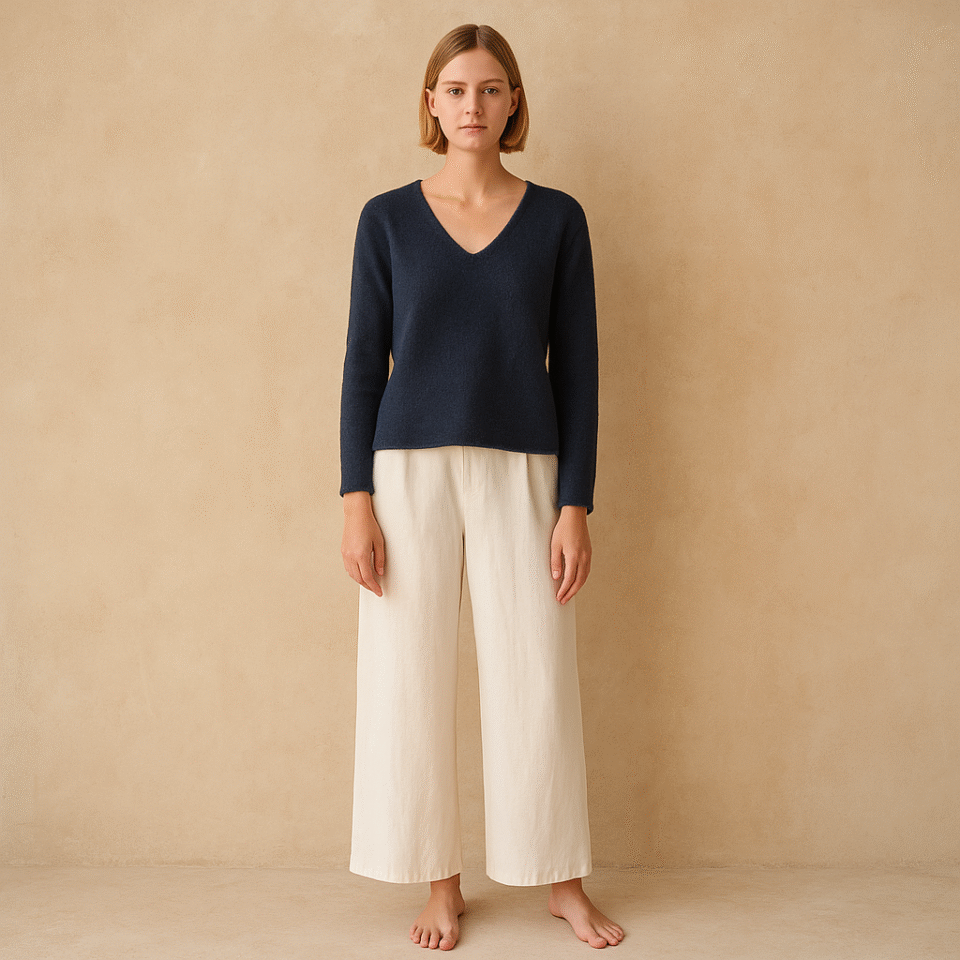 Sweater de segunda mano Andi Mohair V-Neck Brandy Melville en azul marino, mezcla de mohair y lana, escote en V, talla xs