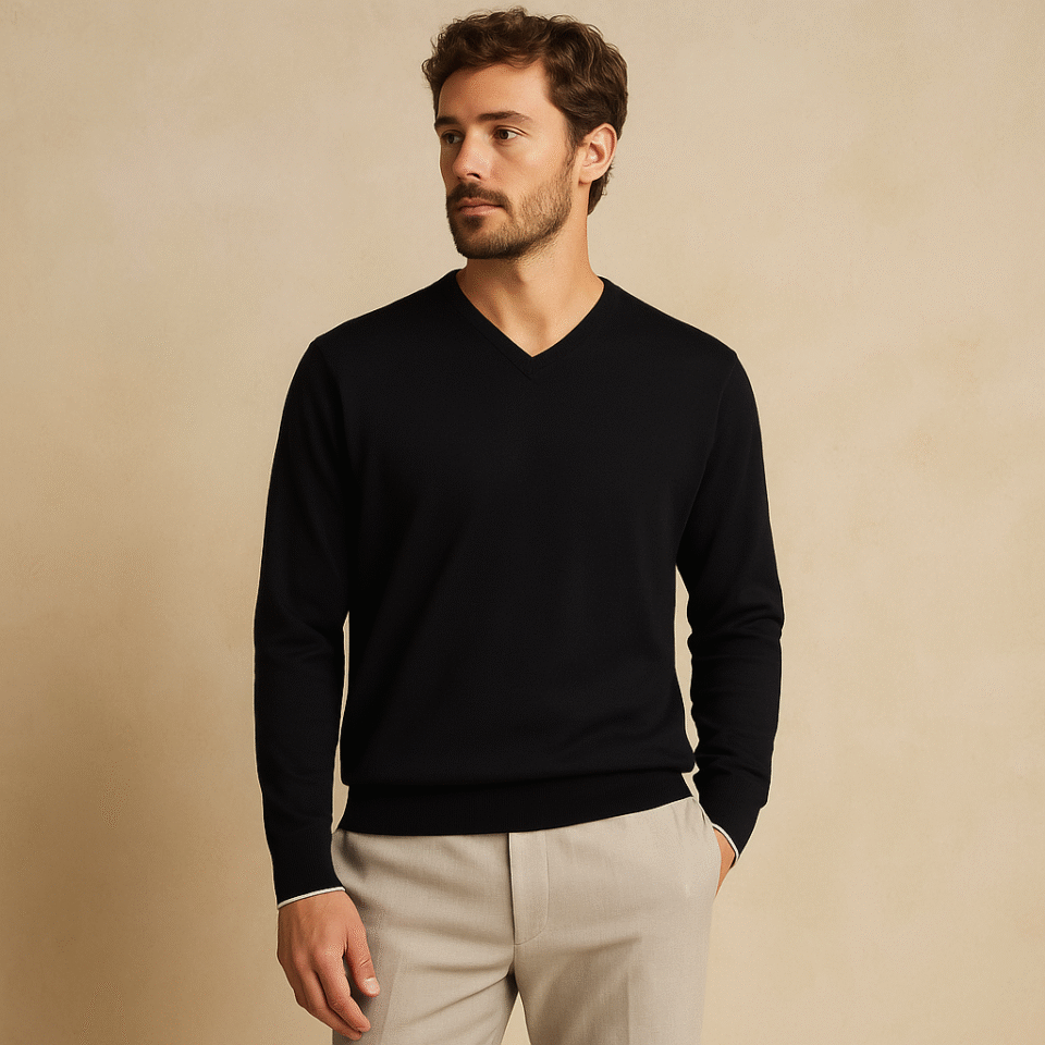 suéter negro de segunda mano de lana merino italiana cuello v club monaco talla m. Ropa usada curada por Amelie