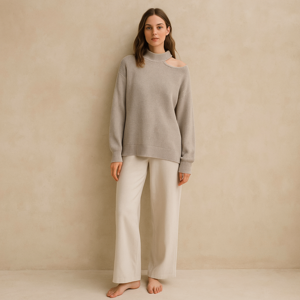 Sweater sin hombro tejido en lana de la marca Velvet by Graham Spencer, estilo minimalista,de segunda mano premium. preloved. Talla S