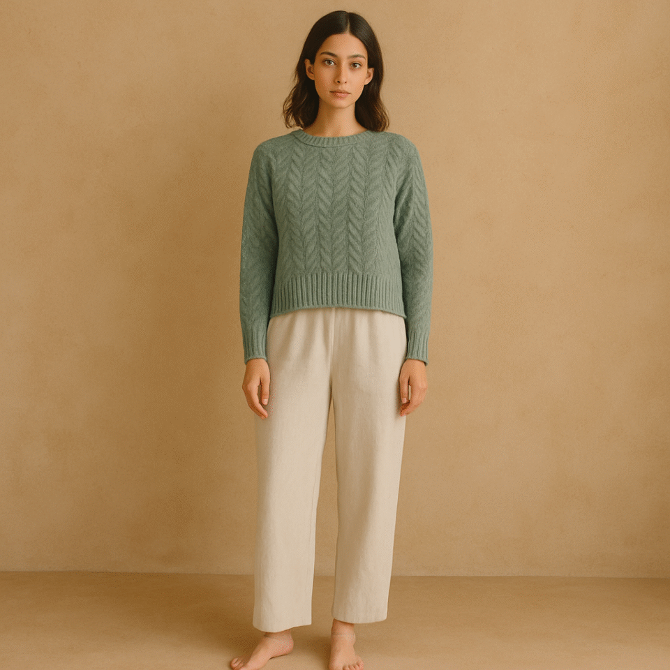 Sweater Joie trenzado en verde salvia talla XS con tejido cable knit