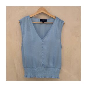 Top sin mangas azul celeste, ropa usada de Laundry by Shelli Segal con escote en V, botones forrados y cintura smock en talla M. de segunda mano