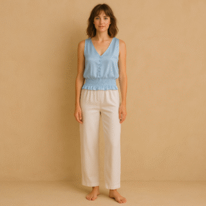 Top sin mangas azul celeste, ropa usada de Laundry by Shelli Segal con escote en V, botones forrados y cintura smock en talla M. de segunda mano