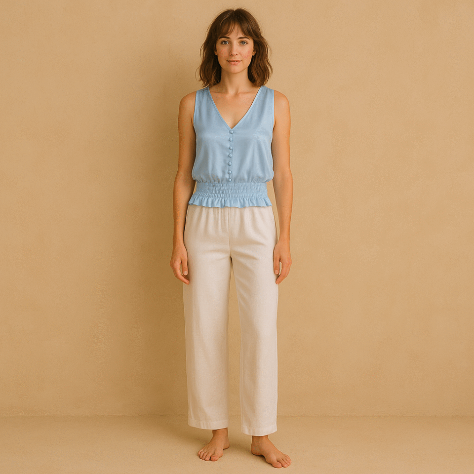 Top sin mangas azul celeste, ropa usada de Laundry by Shelli Segal con escote en V, botones forrados y cintura smock en talla M. de segunda mano