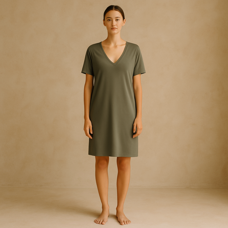 vestido camisero de algodón -segunda mano-100% color verde oliva de la marca COS, diseño minimalista con escote en V profundo, manga corta y detalle cruzado en espalda, talla M. ropa usada