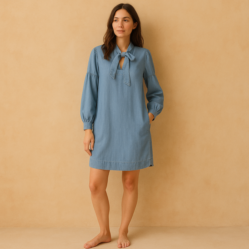 Vestido Loft chambray en mezcla de lino y algodón . Talla S. Estilo soft girl con lazo y bolsillos