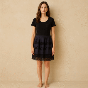 Vestido Leifnotes para Anthropologie en algodón con falda azul marino bordada y encaje floral, talla M.ropa usada de segunda mano