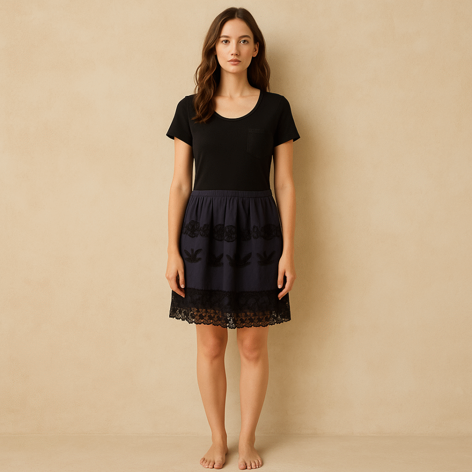 Vestido Leifnotes para Anthropologie en algodón con falda azul marino bordada y encaje floral, talla M.ropa usada de segunda mano