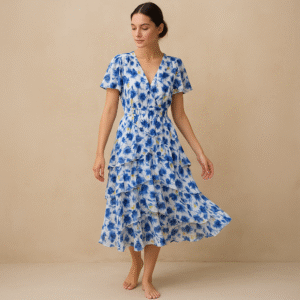 Vestido maxi floral en tonos oceánicos: capas de volantes vaporosos, estampado acuarela de flores índigo y amarillo sol sobre blanco puro. Cintura smocked y mangas flutter para un look cottagecore