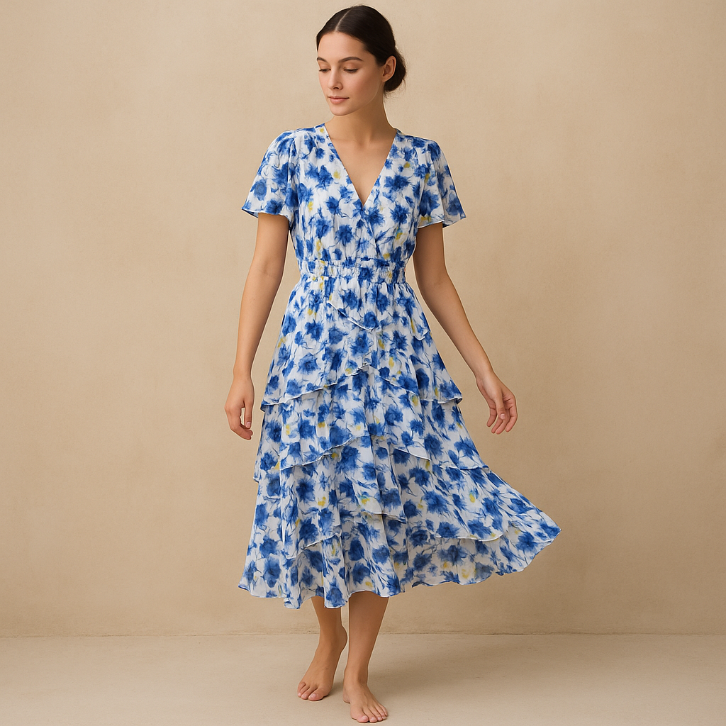 Vestido maxi floral en tonos oceánicos: capas de volantes vaporosos, estampado acuarela de flores índigo y amarillo sol sobre blanco puro. Cintura smocked y mangas flutter para un look cottagecore