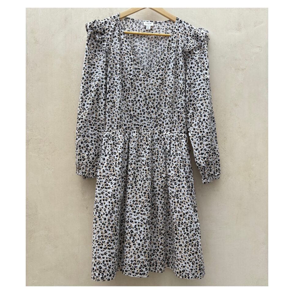 Vestido corto 100% algodón con estampado lepardo suave, talla S y marca J.Crew. Estilo romantico, soft girl