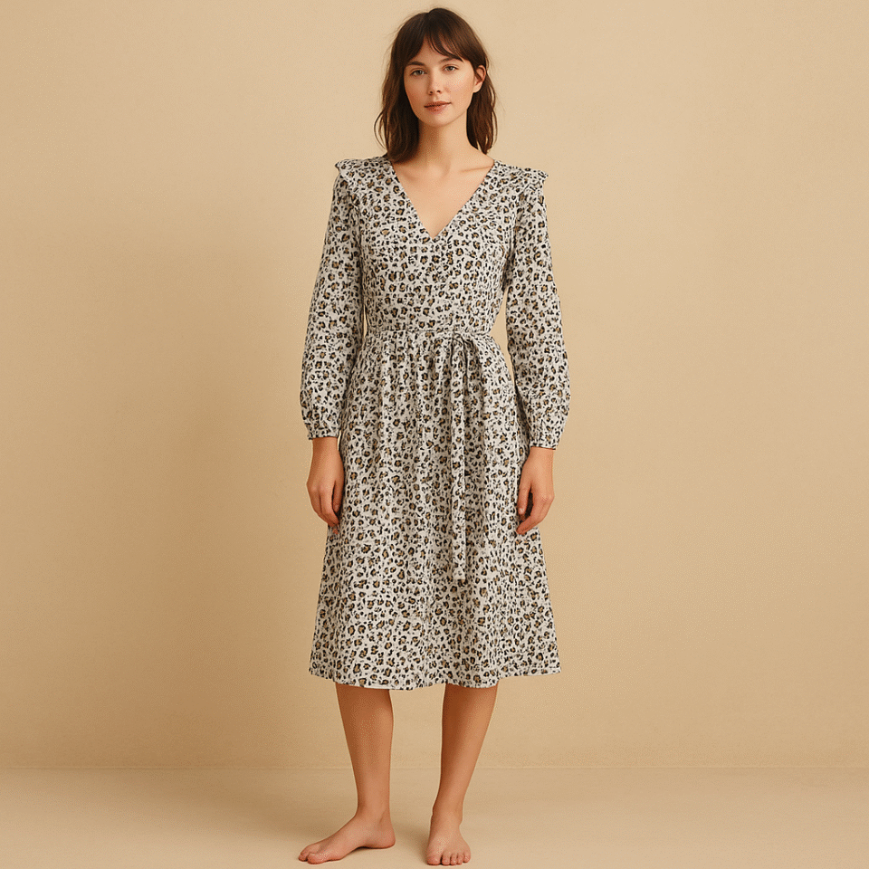 Vestido corto 100% algodón con estampado lepardo suave, talla S y marca J.Crew. Estilo romantico, soft girl
