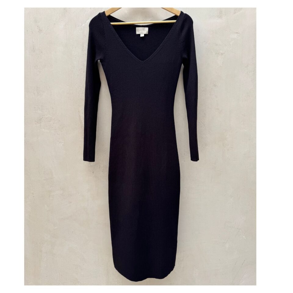 Vestido K6176 negro de punto canalé de J.Crew Collection con escote en V y mangas largas, talla XS de segunda mano.