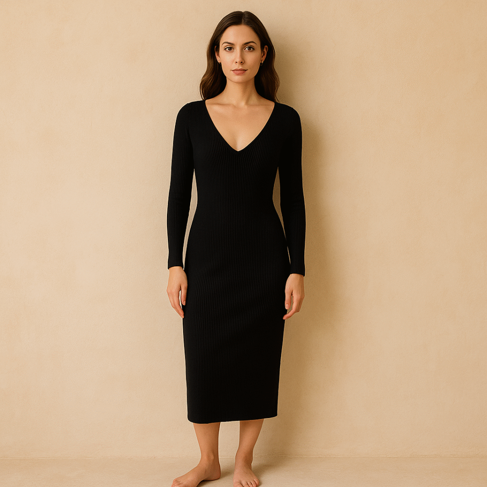 Vestido K6176 negro de punto canalé de J.Crew Collection con escote en V y mangas largas, talla XS de segunda mano.
