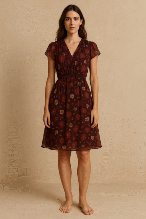 Vestido Seda Floral Burgundy de segunda mano, de Massimo Dutti en seda ligera, estampado floral marfil, talla S. Ropa usada