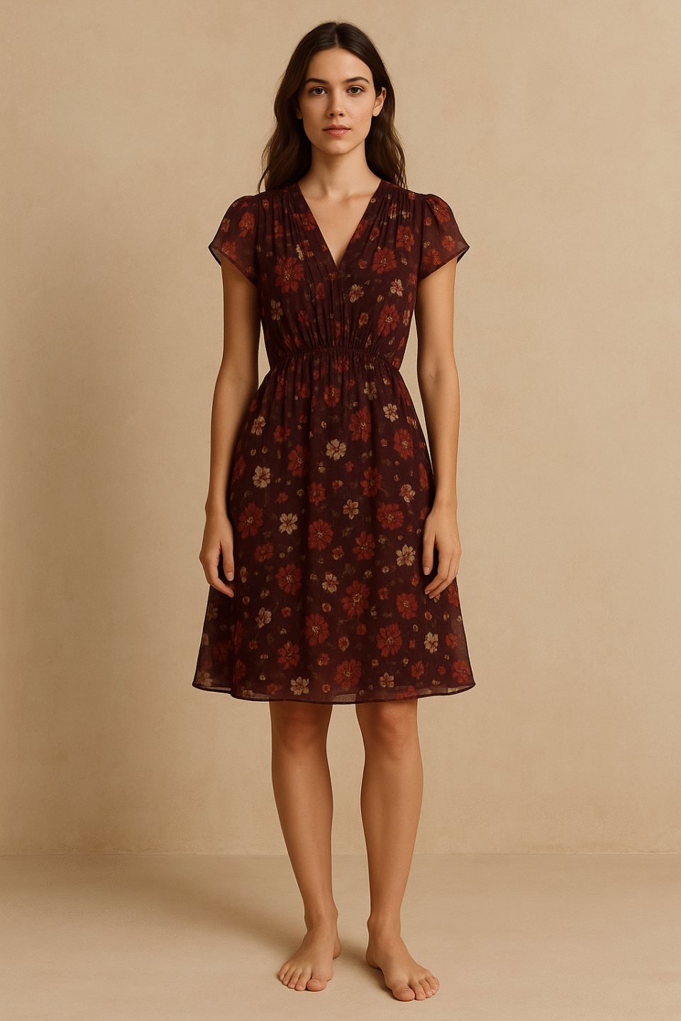 Vestido Seda Floral Burgundy de segunda mano, de Massimo Dutti en seda ligera, estampado floral marfil, talla S. Ropa usada