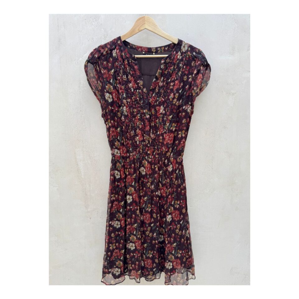 Vestido Seda Floral Burgundy de segunda mano, de Massimo Dutti en seda ligera, estampado floral marfil, talla S. Ropa usada